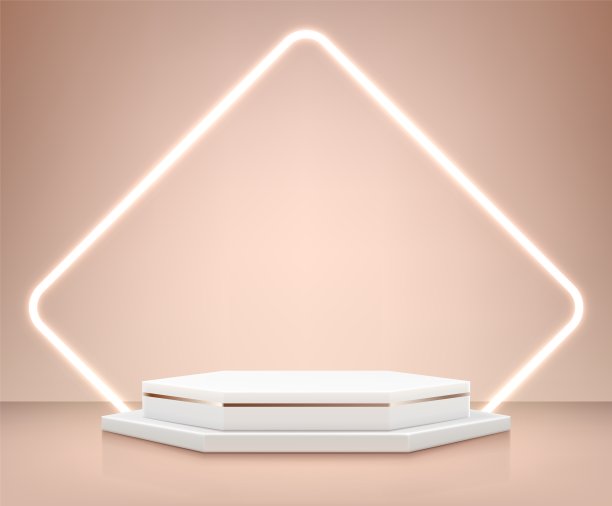 现实的平台背景。演示背景与空的几何讲台为产品广告。带有发光框架的最小抽象展台。矢量3D空白展示图片下载