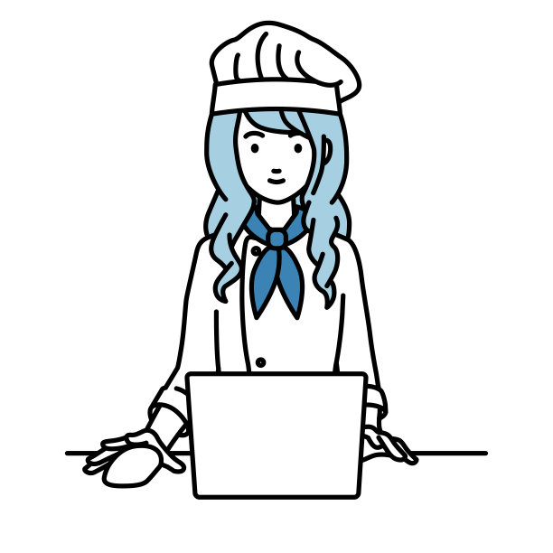 一个女厨师在她的桌子上使用笔记本电脑图片下载