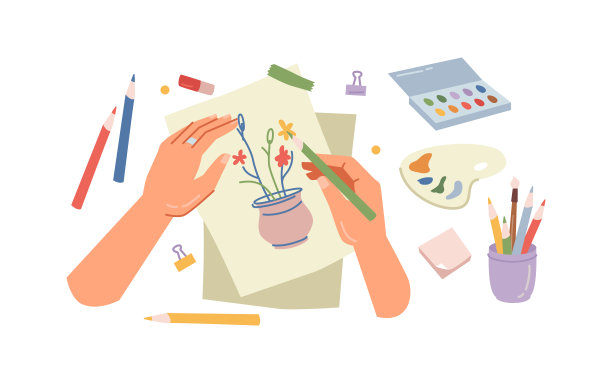 绘画车间，手拿画笔，在纸上画花瓶里的花朵。向量妇女艺术治疗课，画笔和水彩笔，彩色铅笔，手工制作图片下载