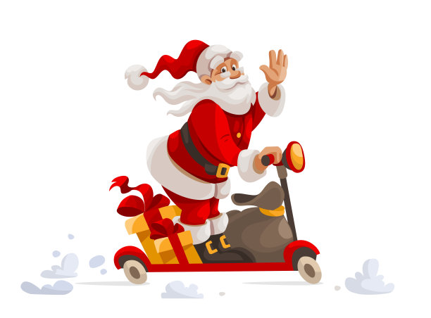 圣诞老人卡通人物骑滑板车与礼物袋。矢量插图。仅供说明性编辑使用。素材图片