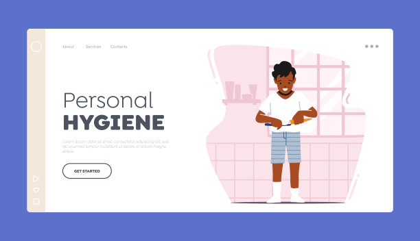 个人卫生登陆页模板。孩子们的牙齿护理。男孩在浴室刷牙。儿童牙刷图片下载