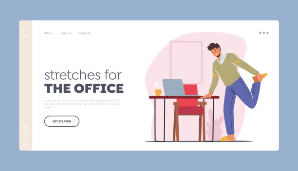 办公室登陆页面模板的延伸。在工作场所用笔记本电脑工作的工人。人伸展图片下载