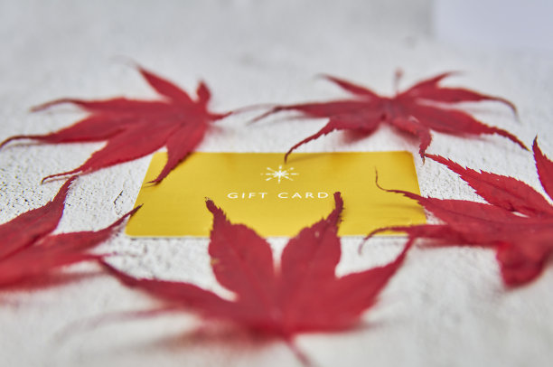 黄色的礼品卡，灰色背景上有红色的枫叶。图片下载