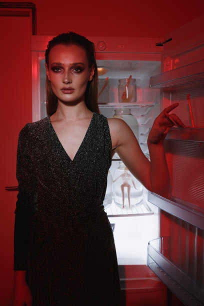 一个冷静的女人站在冰箱附近的垂直图像图片下载