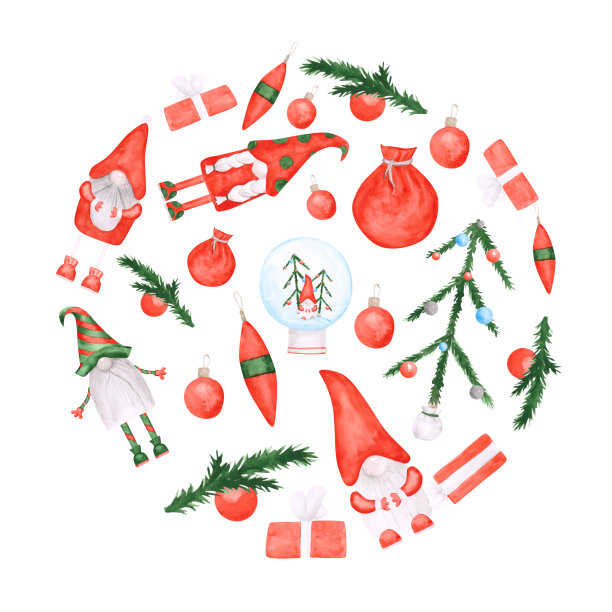 圣诞节的作文被隔离在白色的背景上。水彩画地精、礼物、圣诞树、节日球、雪花球、装饰成圆形插图的树枝。新年贺卡。图片下载