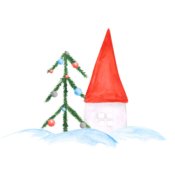 圣诞树、房子和白雪被隔离在白色的背景上。水彩假期clipart为你的设计。可爱的树上装饰着五颜六色的球，小屋。冬天的装饰。灿烂的新年卡片。图片下载