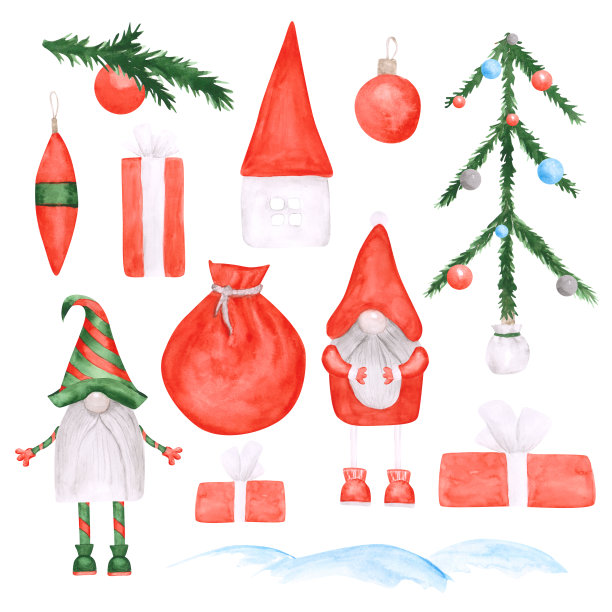 设置12圣诞对象孤立的白色背景。水彩画侏儒，礼物，圣诞树，节日舞会，房子，雪，树枝树插图。童话人物。图片下载