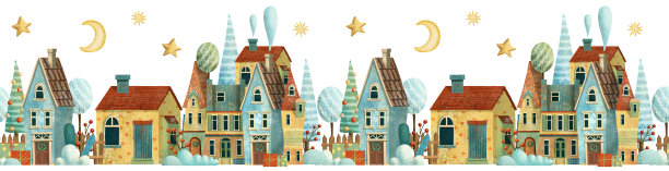 无缝圣诞节冬季边界与房子，树木，星星，月亮和雪。图片下载