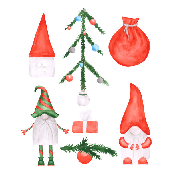 设置7圣诞对象孤立在一个白色的背景。水彩画地精、礼物、圣诞树、节日舞会、房子、树枝和一袋礼物。新年贺卡。图片下载