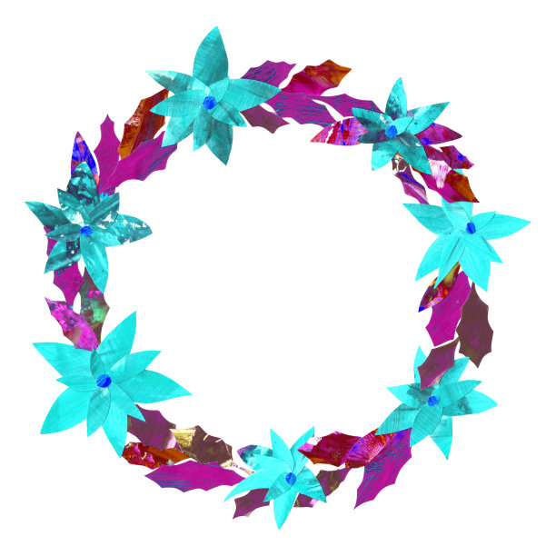 圣诞花环被隔离在白色的背景上。蓝紫色一品红框架。手绘花环。圣诞节节日装饰贺卡，横幅，和更多。纸拼贴。图片下载