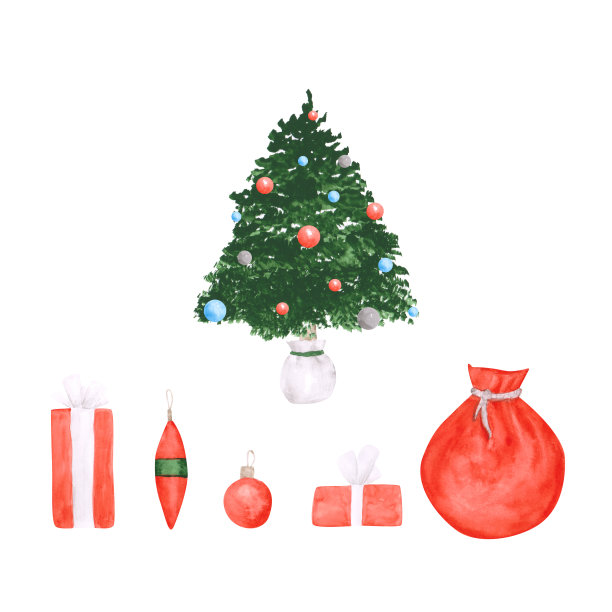 设置6个圣诞对象孤立在白色背景。水彩画礼物，装饰圣诞树，节日舞会，红色的礼品袋。童话的象征。手绘的寒假剪贴画。图片下载