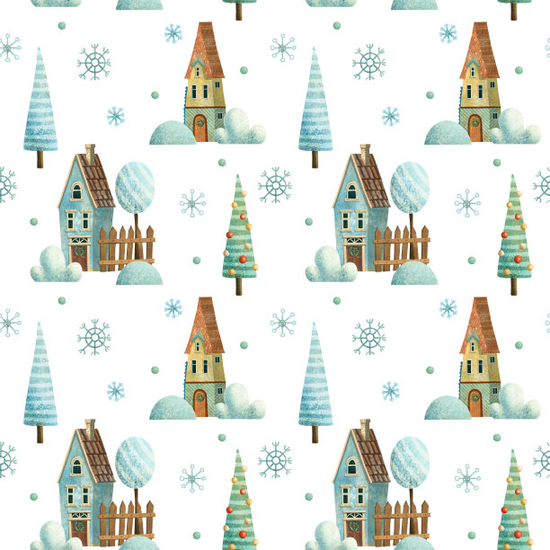 无缝的圣诞冬季图案与房子，树，雪和球。图片下载