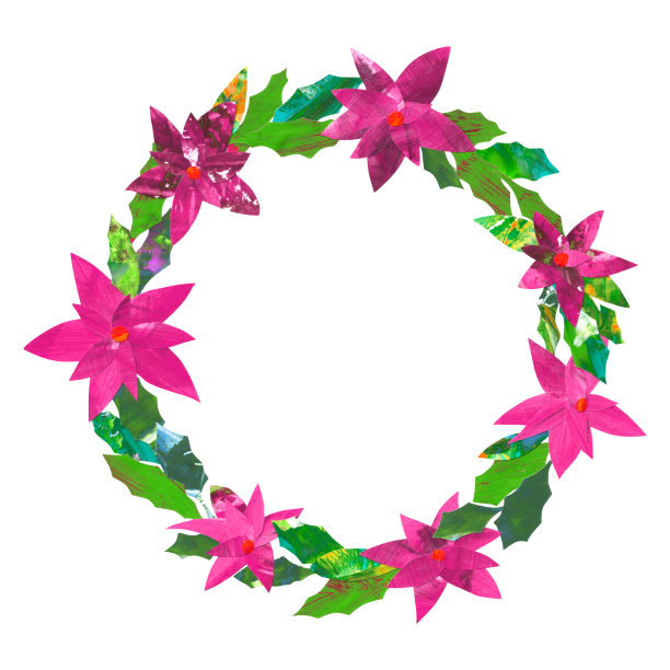圣诞花环被隔离在白色的背景上。绿色和紫色的一品红框架。手绘花环。圣诞节节日装饰贺卡，横幅，和更多。纸拼贴。图片下载