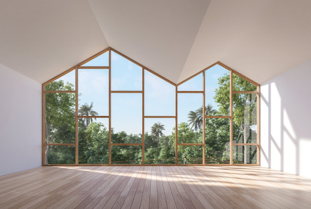 最小的现代风格的空房间与自然景观3d渲染图片下载