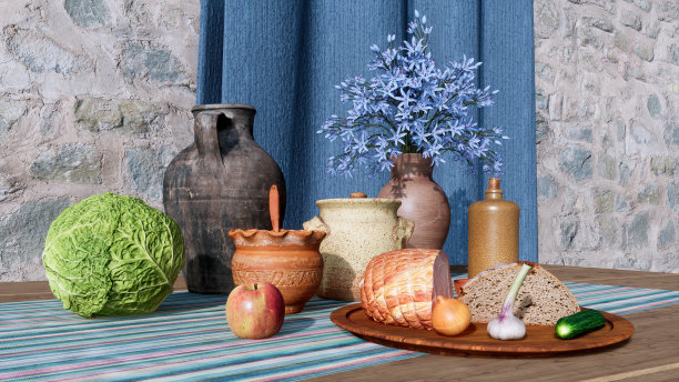 户外静物生活有肉，面包，蔬菜图片下载