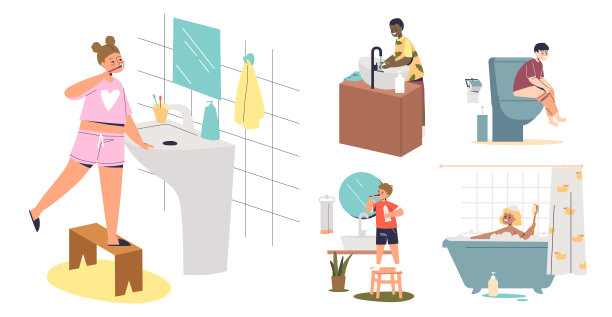 孩子们在浴室和厕所做日常活动:洗手，在浴缸里，刷牙，排便图片下载