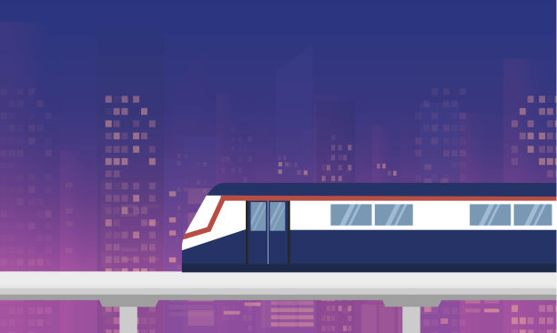 BTS天空火车在城市景观建筑在夜间矢量插图。运输的概念图片下载