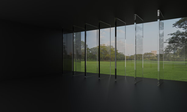 带有玻璃窗的现代空黑色房间图片下载