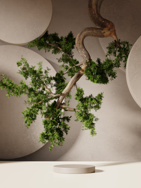 3D背景，米色裙摆展示，盆景树影。化妆品，美容产品促销模拟。自然棕色的基座。时髦的最小工作室横幅，抽象的3D渲染插图。图片下载