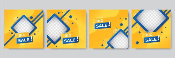 可编辑的最小方形横幅模板的集合。彩色背景与气球孟菲斯条纹线形状。适合社交媒体帖子和网络广告。矢量插图与照片学院图片下载