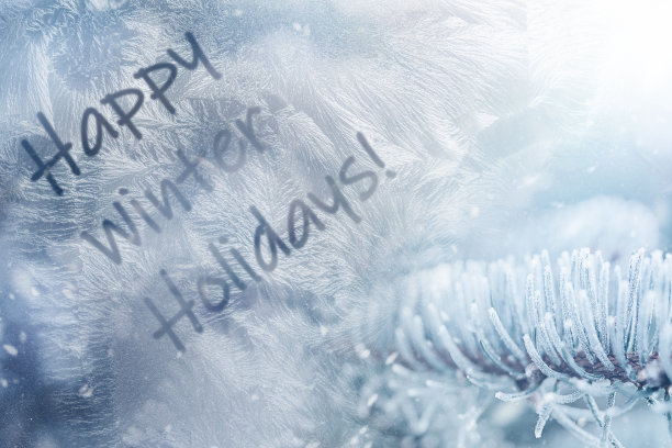 云杉树枝上的雪花透过结霜的窗户，上面写着“寒假快乐”。图片下载