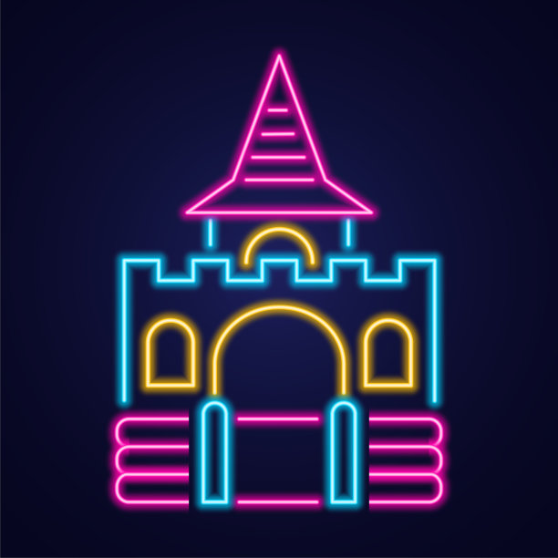 充气城堡霓虹灯图标。在儿童游乐场跳房子。矢量插图。图片下载