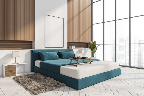 时尚的蓝白卧室的角落视图与空框图片下载