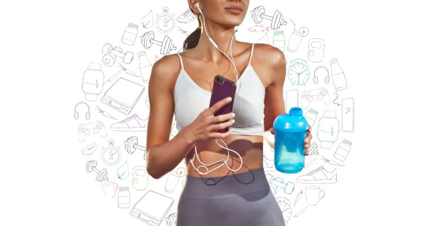 运动员在画人物的背景上。白色背景上象征健康生活方式的图画。健康的观念，运动的观念，积极的心情和良好的习惯。图片下载