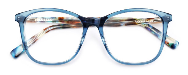 顶视图眼镜孤立在白色背景，蓝色塑料景观与多彩色斑点寺庙图片下载