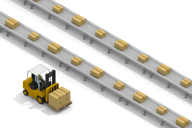 在仓库工作。用叉车搬运。大量的行李。皮带输送机装配线作业。图片下载