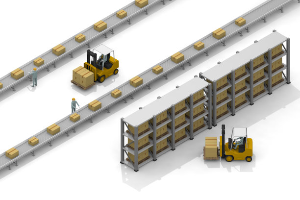 在仓库工作。用叉车搬运。大量的行李。皮带输送机装配线作业。图片下载