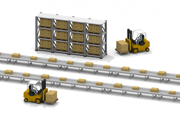 在仓库工作。用叉车搬运。大量的行李。皮带输送机装配线作业。图片下载
