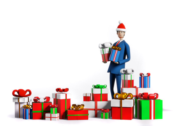 3D渲染插图商人与许多礼物和圣诞礼物。在办公室、商业和公司生活中庆祝圣诞节和新年图片下载