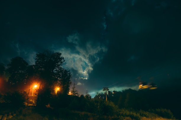 高加索山脉的星星和缆索在山上升起。动态照片，模糊的缆车小屋。山上迷人的夜景。Krasnaya Polyana,索契。俄罗斯图片下载