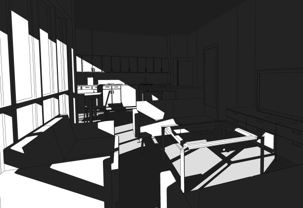 开放式厨房客厅空间的3d插图。图片下载