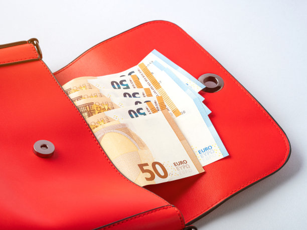 欧元钞票里面打开红色的女性包在灰色的背景上图片下载