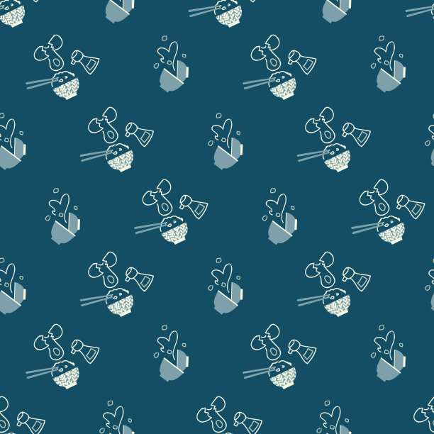 日本饭碗与鸡蛋和酱油加上汤向量图形无缝图案图片下载