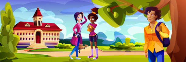 卡通学生在大学校园大楼前图片下载