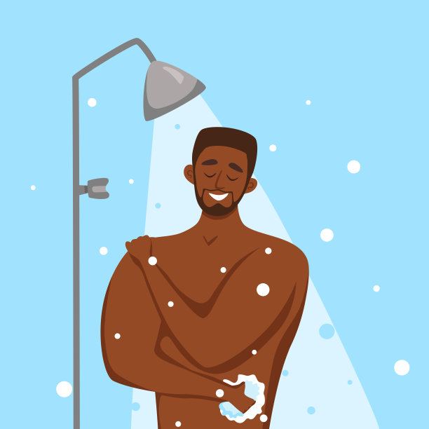 年轻的非裔美国人洗澡卡通矢量插图。图片下载