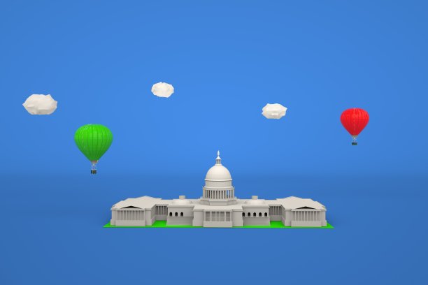 3D白色寺庙，蓝色背景上的宫殿。三维图形等距模型。背景是彩色气球。3 d图形图片下载