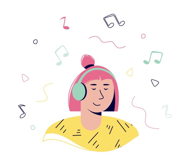 戴着耳机的女性角色。年轻女孩听音乐享受声音。戴着耳机的女性化身。矢量插图孤立的白色背景。可爱的平坦的插图。图片下载