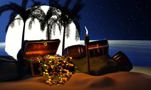 金币是从箱子或宝箱中散落出来的。木制的财宝箱放在海滩上的一个荒岛海盗宝藏的主题。三维渲染图片下载