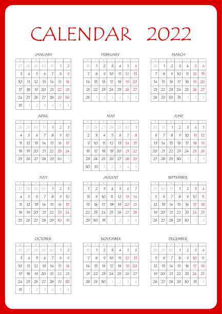 2022年日历计划。公司一周。模板布局，每年12个月，白色背景。商业宣传册、传单、平面媒体、广告的简单设计。一周从周一开始图片下载