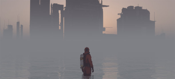 穿着有害生物防护服的人网络朋克未来主义科幻城市剪影结构造船厂海岸线海洋海水污染图片下载