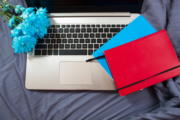 笔记本电脑背景在床上，笔记本和蓝色的花，工作空间图片下载