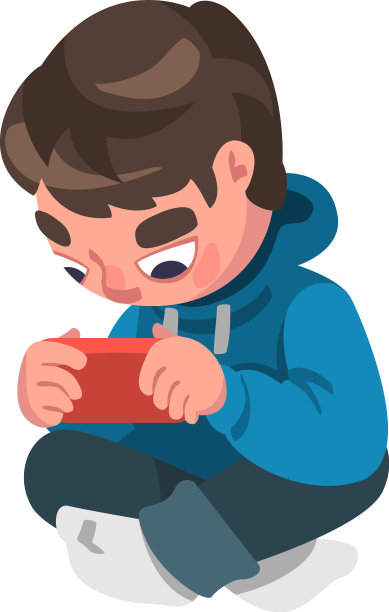 沉迷于电子设备的男孩坐在游戏机和图片下载