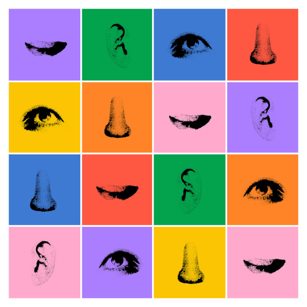 眼睛，嘴巴，鼻子，耳朵。Сolored正方形有眼睛，嘴巴，鼻子，耳朵。矢量抽象符号与，有用的网页，艺术设计，高科技打印，杂志头版，封面艺术品。头部的一部分。图片下载