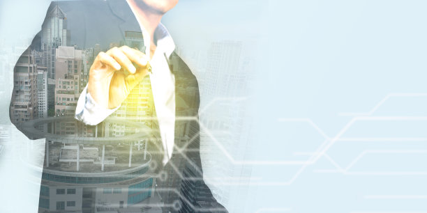 商人阐述商业规划以实现企业目标，抽象混合媒体图片下载