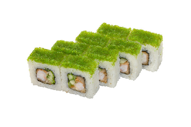 虾卷，蔬菜和绿色鱼子酱装饰。传统的日本菜。图片下载