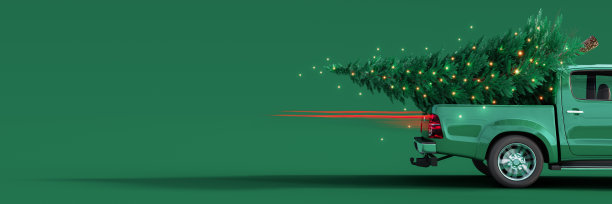 绿色卡车载着冷杉树在绿色的背景上闪闪发光图片下载